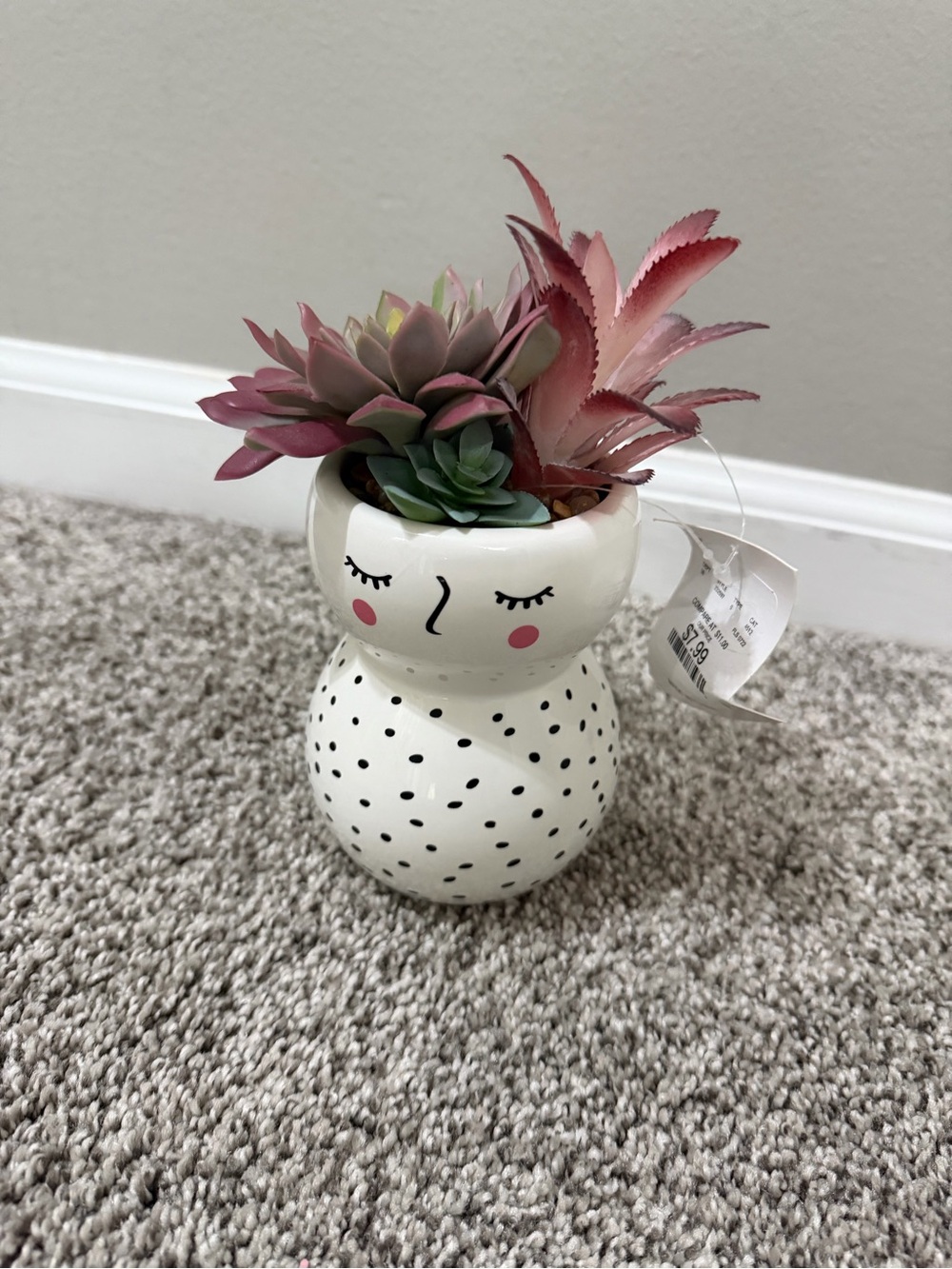 Ceramic Polka Dot Face Planter with Pink Faux Succulents